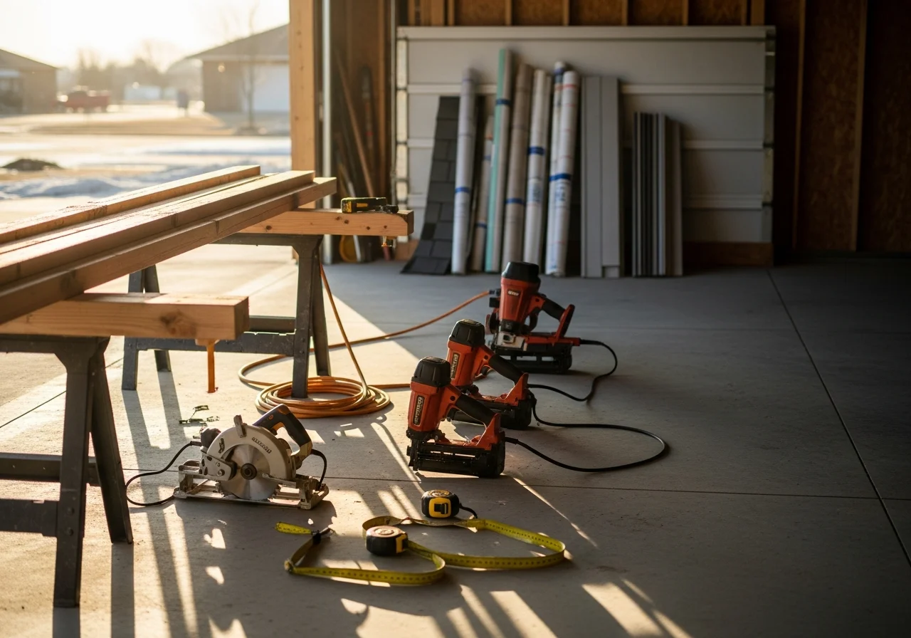Construction crew and tools on a residential job site, showcasing professional home improvement equipment and materials.
