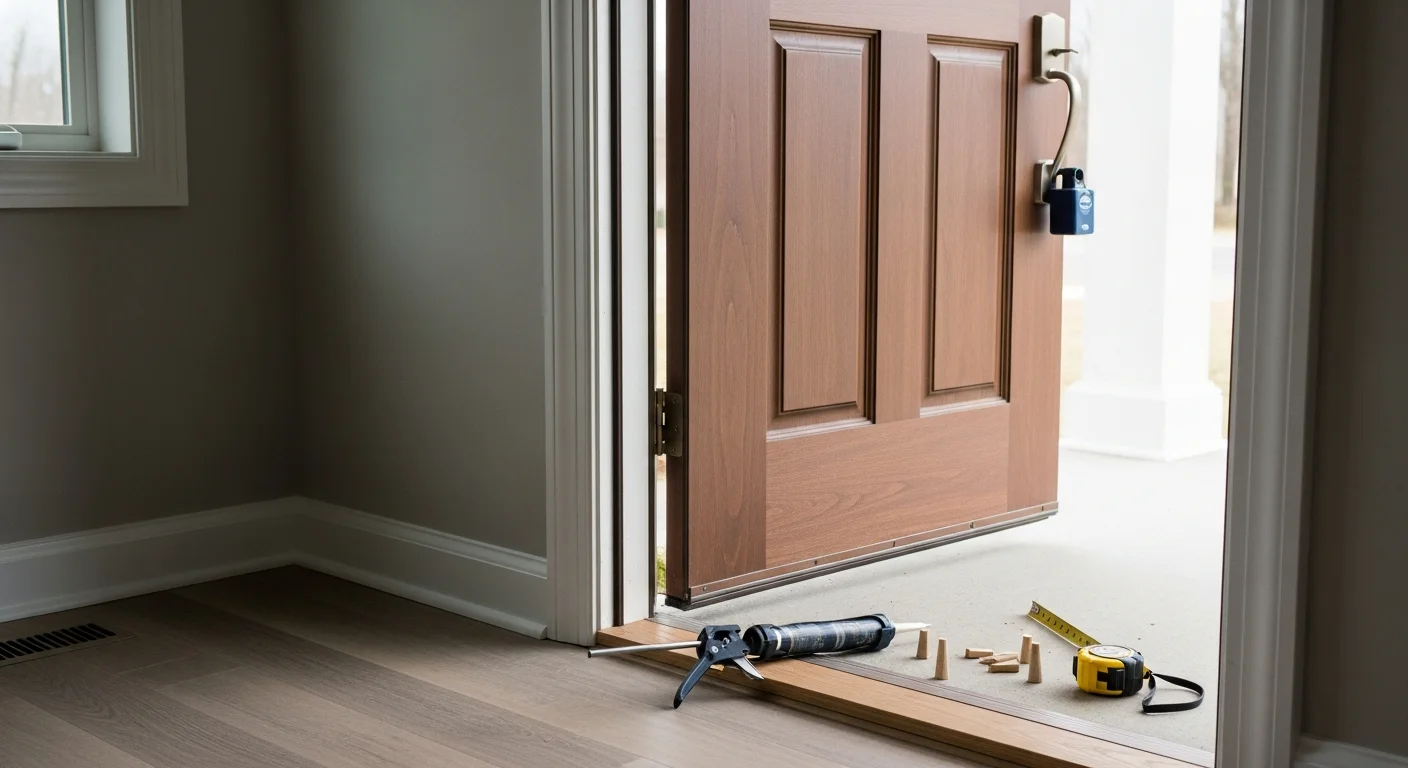 A newly installed exterior front entry door on a single-family home in Wrightstown, Wisconsin. The door frame is flush and sealed, with clean trim work visible against the home's exterior siding.