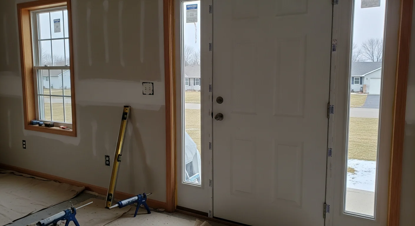 A newly installed exterior entry door on a residential home in Wrightstown, Wisconsin, with a clean frame fit and fresh weatherstripping visible along the threshold. The door is shown from the exterior, set against a typical Wisconsin single-family home facade.