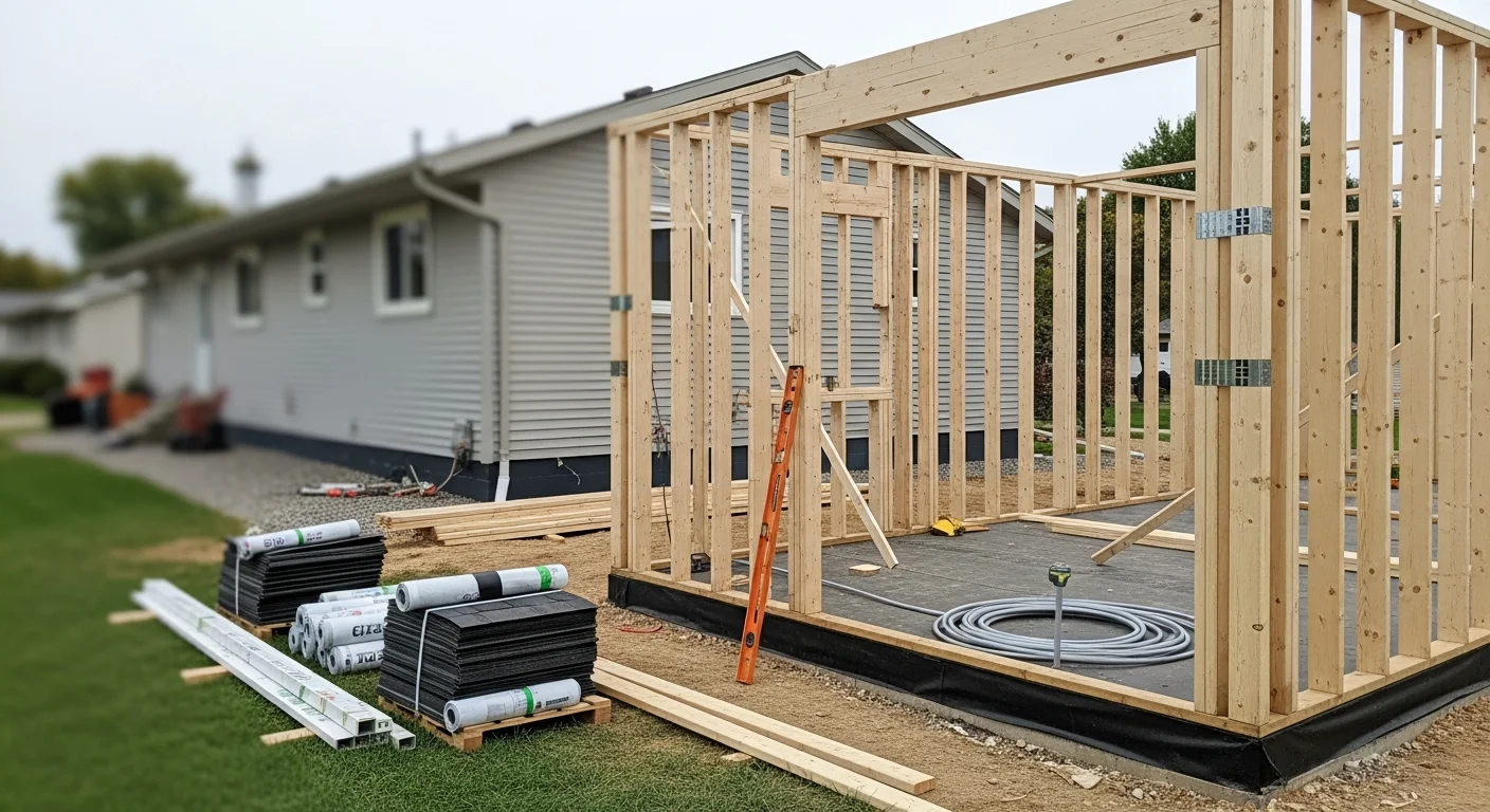 A newly completed single-story room addition attached to a residential home in Wrightstown, NJ, with matching siding and a tied-in roofline. The addition extends the rear of the house and includes new windows and exterior trim consistent with the original structure.