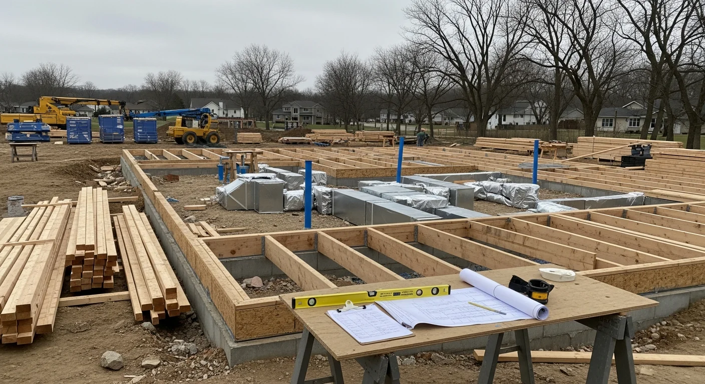 A newly framed single-family home under construction on a residential lot in Wrightstown, Wisconsin, with exposed wood framing and a concrete foundation visible. A general contractor reviews plans on-site against a clear Midwestern sky.