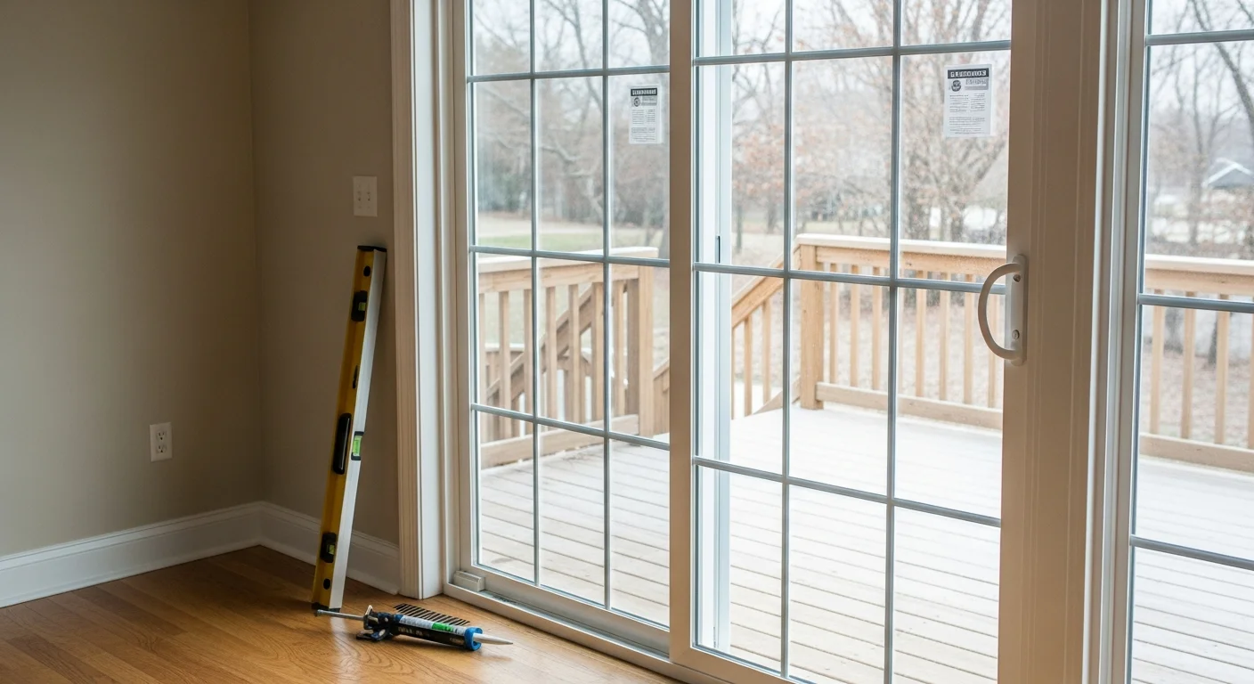 A newly installed sliding glass patio door on a Wrightstown, Wisconsin home, showing a clean frame, clear glass panels, and a back patio access point. The door is fully closed and level, with finished interior and exterior trim visible.