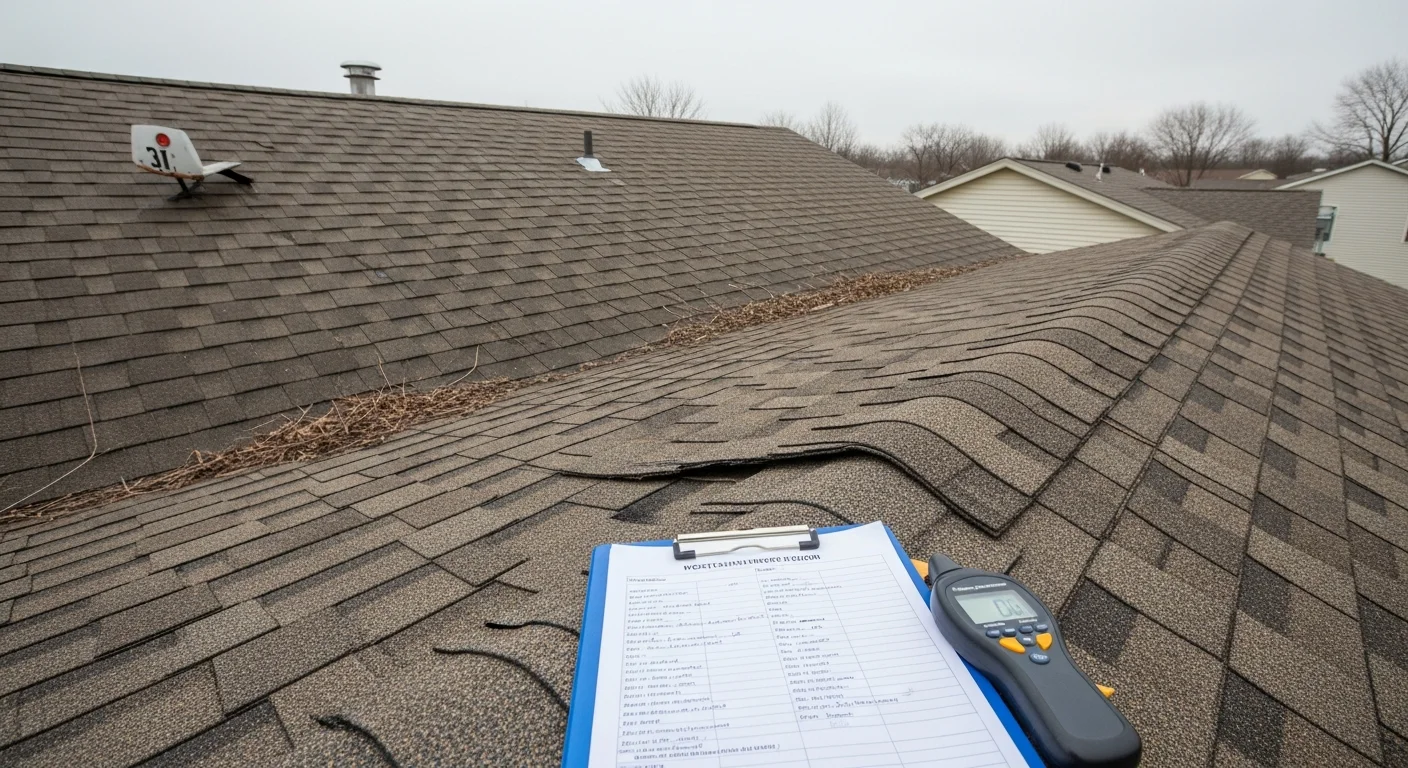 A roofing contractor from A&D Homeworks LLC inspecting shingles and flashing on a residential roof in Wrightstown, Wisconsin. Close-up view of the roof surface showing the inspection process on a single-family home.