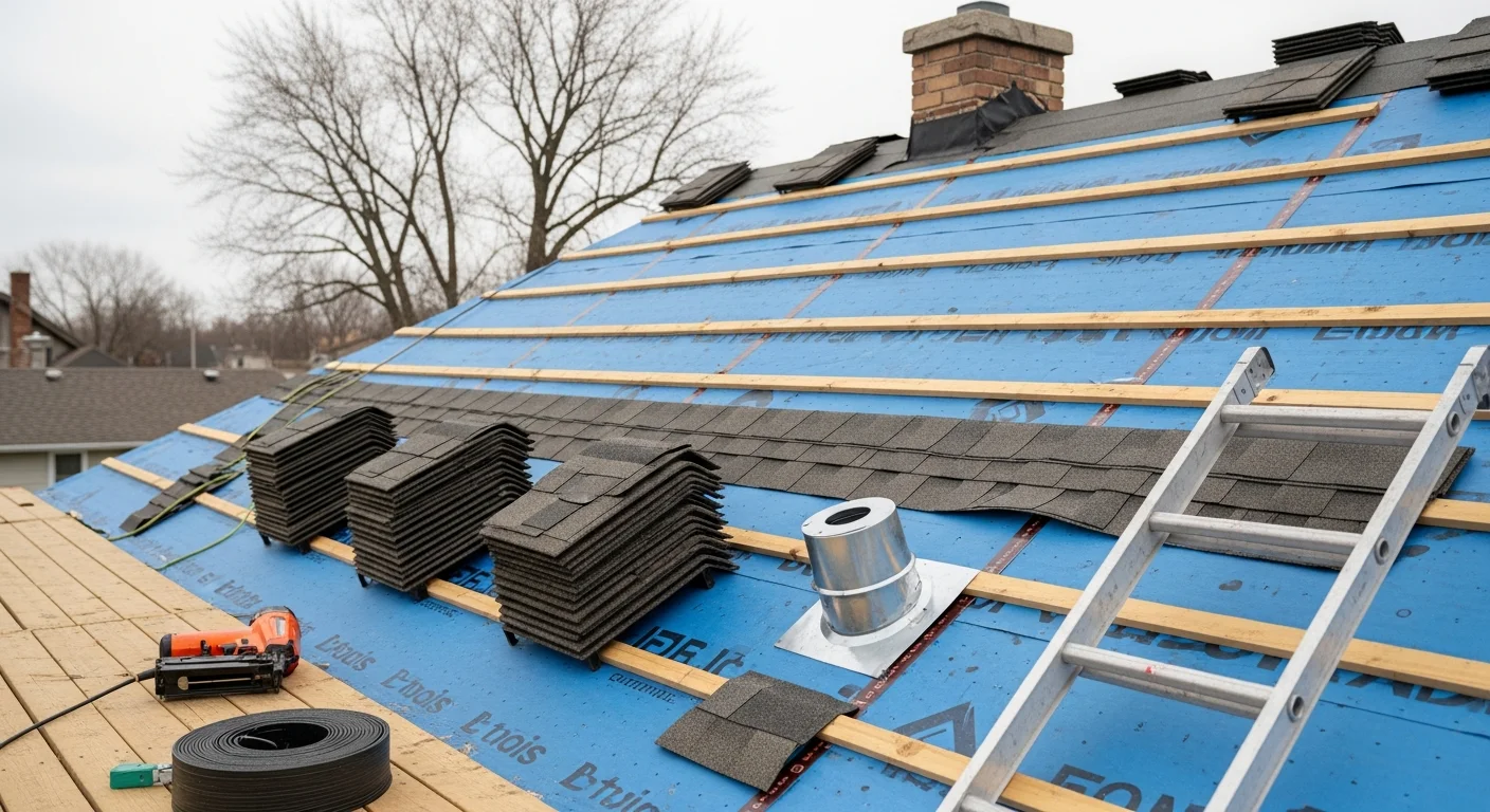 A newly installed residential roof on a single-family home in Wrightstown, WI, showing clean ridge lines and uniform surface coverage. The surrounding landscape reflects a Northeastern Wisconsin residential neighborhood setting.
