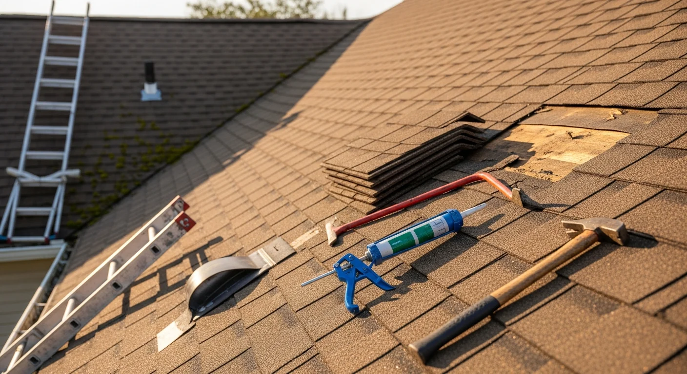 A roofing contractor from A&D Homeworks LLC repairing damaged shingles and flashing on a residential home in Wrightstown, Wisconsin. Close-up view of repaired roof section showing restored shingle alignment on a single-family home.