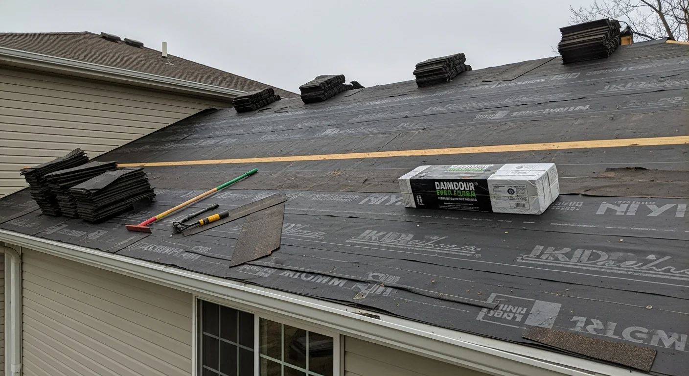 A completed residential roof replacement on a single-family home in Wrightstown, WI, showing new shingles installed over a clean roof deck. The surrounding landscape reflects a typical Northeastern Wisconsin neighborhood setting.