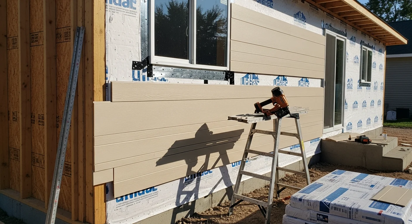 Freshly installed siding on a residential home in Wrightstown, Wisconsin, with clean trim work around windows and a finished corner detail. The exterior shows new panels running the full length of the front facade against a clear midwestern sky.