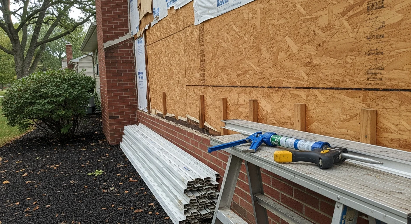Close-up of a residential home exterior in Wrightstown, WI showing freshly repaired siding panels with clean seams and consistent color match against the existing wall. A&D Homeworks LLC siding repair work on a single-family home with the Fox River area visible in the background.