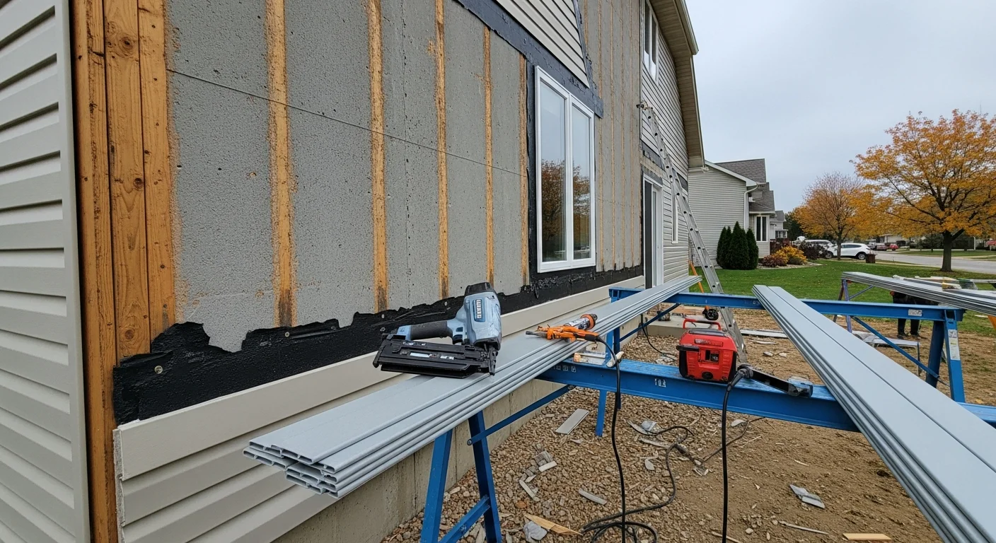 Newly installed siding on a single-family home in Wrightstown, WI, with clean panel lines and a finished trim detail around the windows. The completed exterior shows no gaps, warping, or exposed sheathing along the front and side walls.